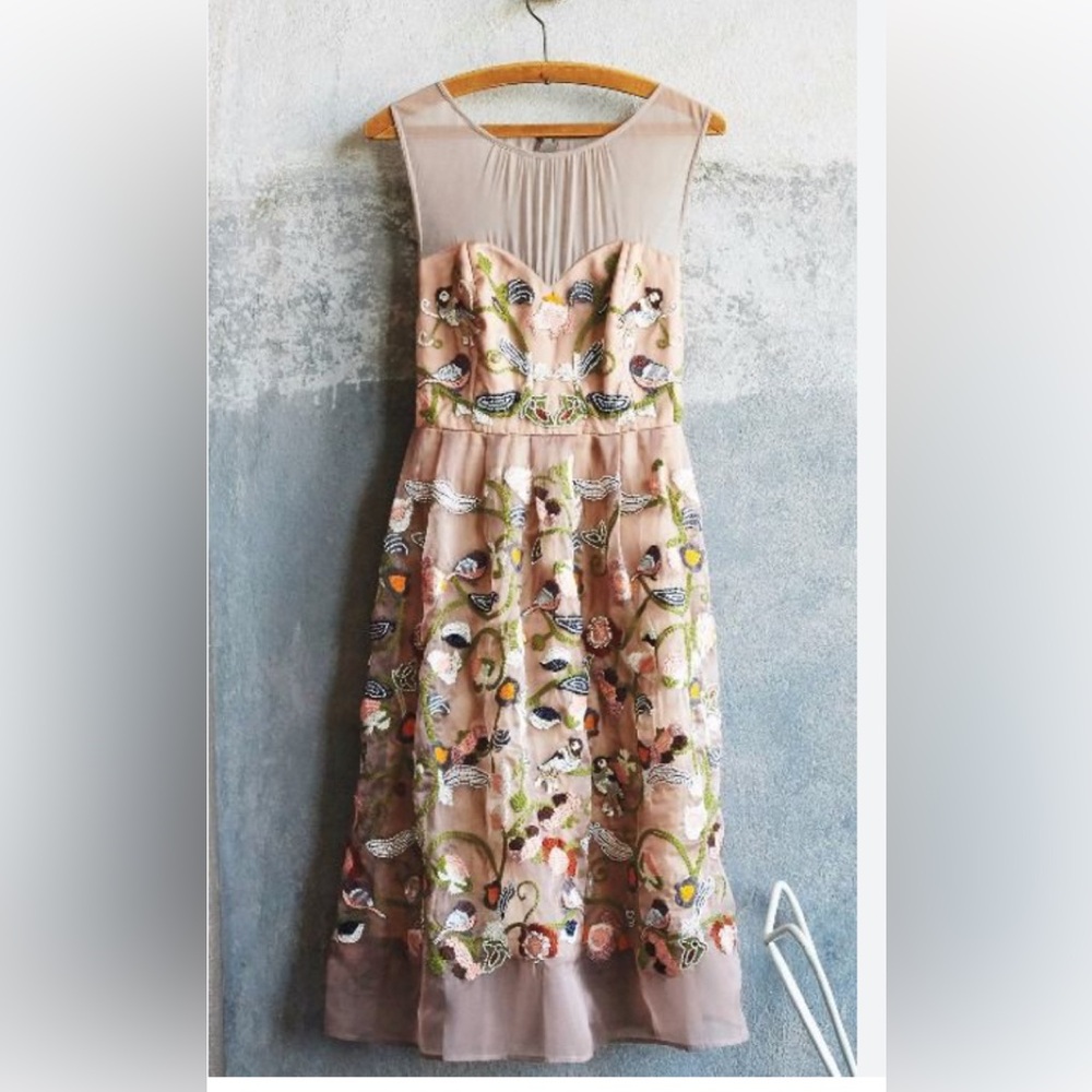 Anthropologie Blush Pink Embroidered Midi Dress - Picture 1 of 16